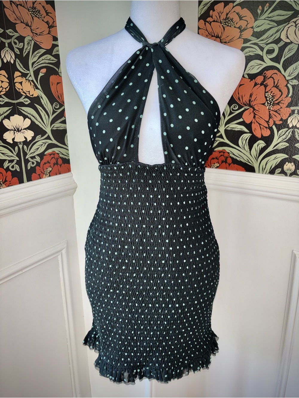 NWT Anthropologie Smocked Halter Mini Dress Mint Polka Dot Coquette - Picture 6 of 15